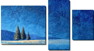 Модульная картина Зимний пейзаж с ёлками и снежным полем под синим небом