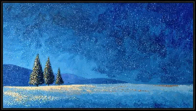 Картина Зимний пейзаж с ёлками и снежным полем под синим небом
