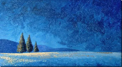 Картина маслом Зимний пейзаж с ёлками и снежным полем под синим небом