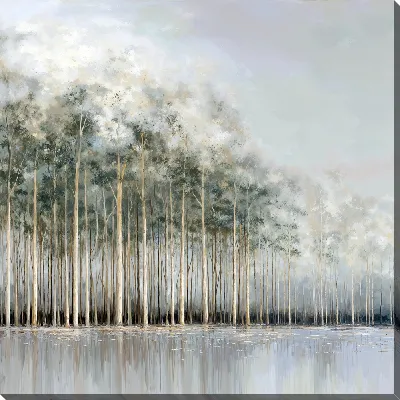 Картина маслом Лес у воды в тумане в утренний час