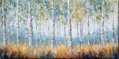Картина маслом Лес из берез с золотыми листьями в осенний день