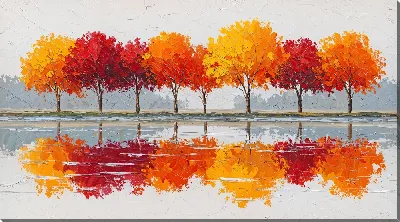 Картина маслом Осенние деревья отражаются в воде на фоне серого неба