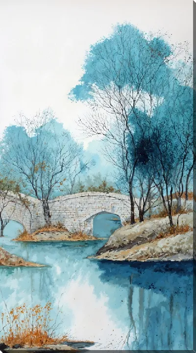 Картина маслом Мост через реку с деревьями и водой в ясный день