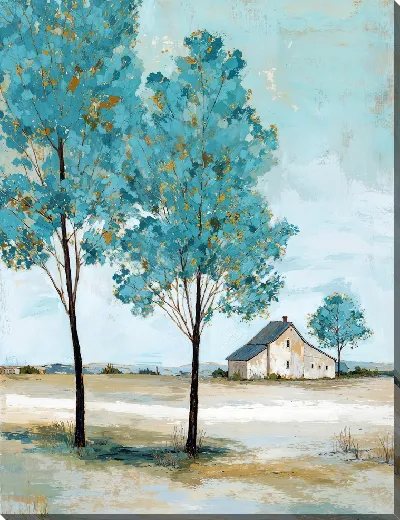 Картина маслом Несколько деревьев и дом на ландшафте