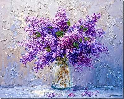 Картина маслом Букет сирени в стеклянной вазе на фоне стены