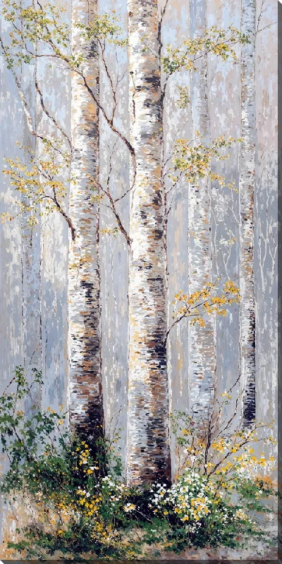 Картина маслом Белые березы в лесу с цветами и зелеными кустами в осенний день