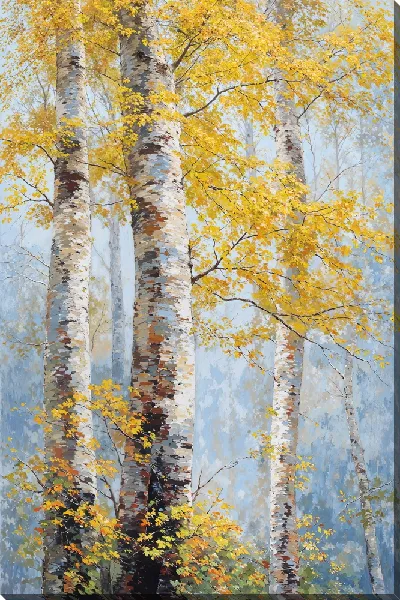 Картина маслом Осень в лесу с березами и яркими листьями