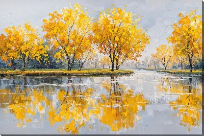 Картина маслом Осенний пейзаж с деревьями и отражением в воде