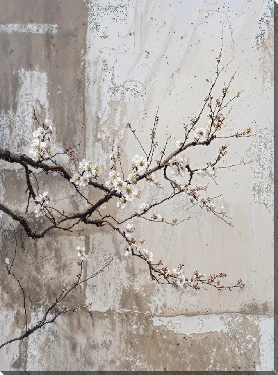 Картина маслом Ветвь цветущей алычи на светлом фоне стены в весенний день