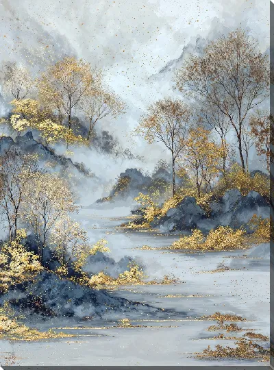 Картина маслом Ландшафт с деревьями и рекой в тумане весной