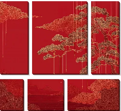 Модульная картина Красное небо с ветвистым деревом и облаками