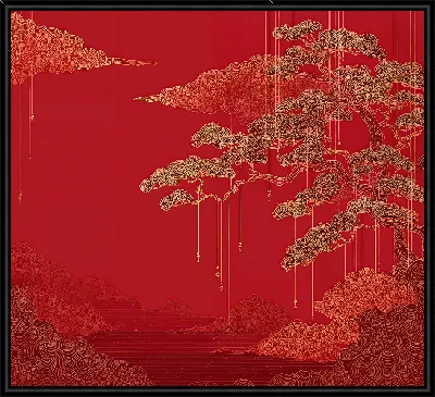 Картина Красное небо с ветвистым деревом и облаками