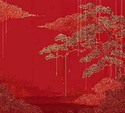 Плакат Красное небо с ветвистым деревом и облаками