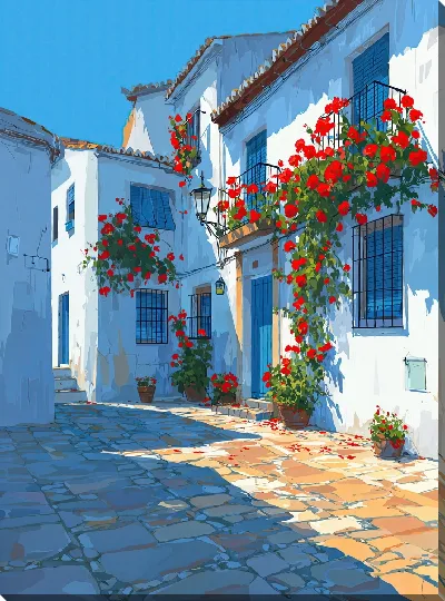 Картина маслом Уютная улица с белыми домами и цветами в Испании