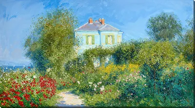 Картина маслом Дом в саду на фоне голубого неба и зелени