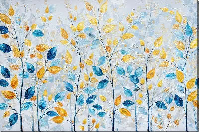 Картина маслом Листья деревьев синий и золотой цвет на фоне белого