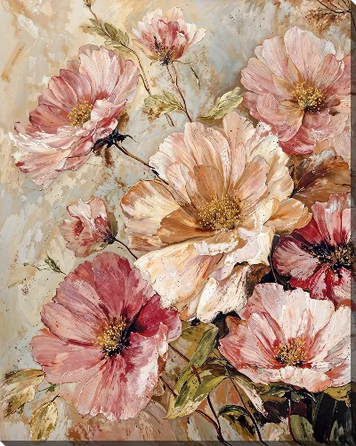 Картина маслом Цветы в мягких тонах на фоне светлой поверхности с деталями