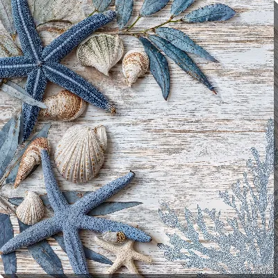 Картина маслом Морские звезды и ракушки на деревянной поверхности