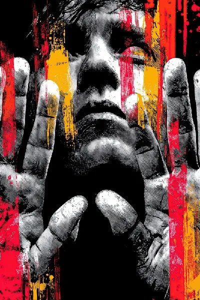 Плакат Человек с руками, касающимися стекла, в окружении цветных линий