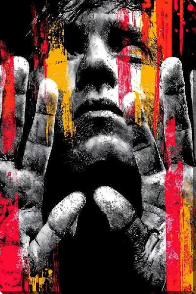 Постер Человек с руками, касающимися стекла, в окружении цветных линий