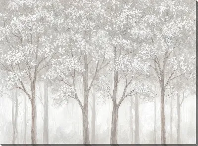 Картина маслом В лесу с белыми деревьями в тумане осенью