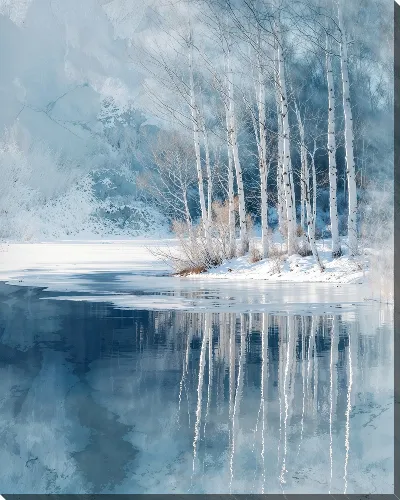Картина маслом Зима у реки с белыми берёзами на берегу и зеркальным отражением в воде