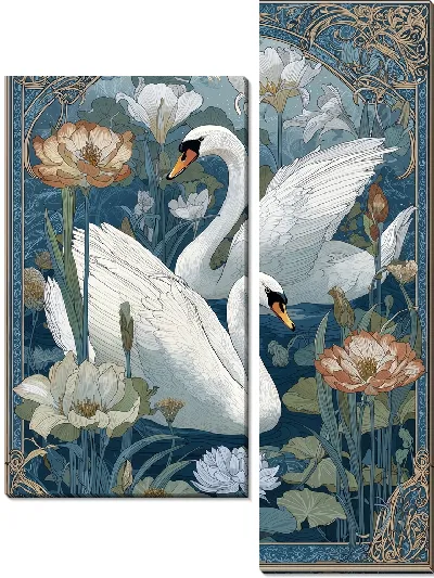 Модульная картина Лебеди плавают среди цветов на водной глади