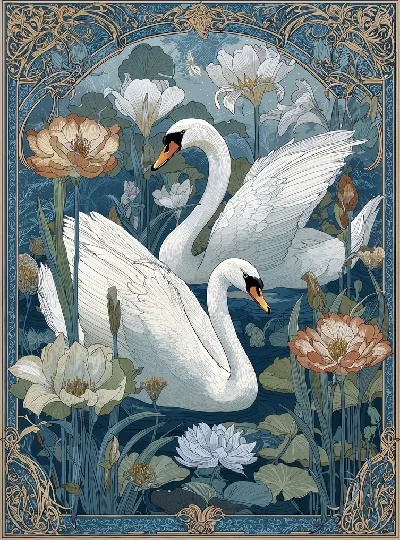 Плакат Лебеди плавают среди цветов на водной глади