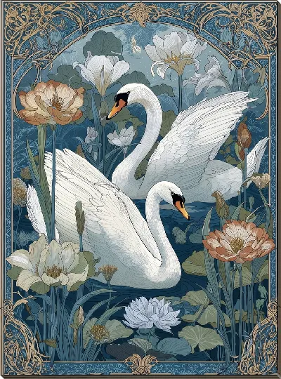 Постер Лебеди плавают среди цветов на водной глади