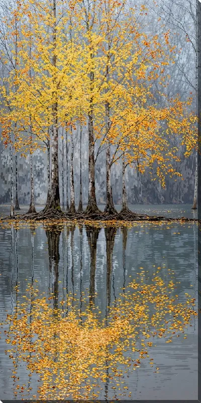 Картина маслом Осенние деревья с желтыми листьями возле воды в туманном лесу