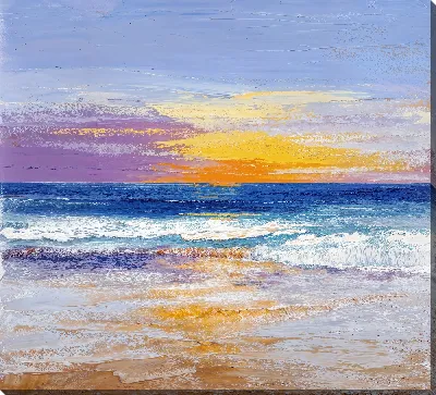 Картина маслом Закат над морем и волны на песчаном пляже у океана