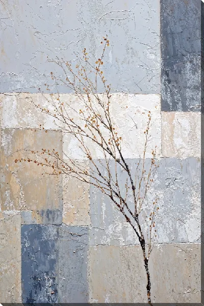 Картина маслом Сухая ветка на фоне современных текстурных деталей стен