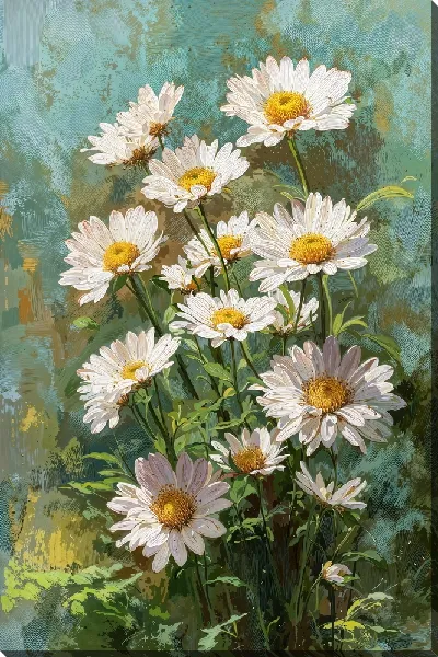Картина маслом Цветы ромашки на фоне зелёного холста с текстурой
