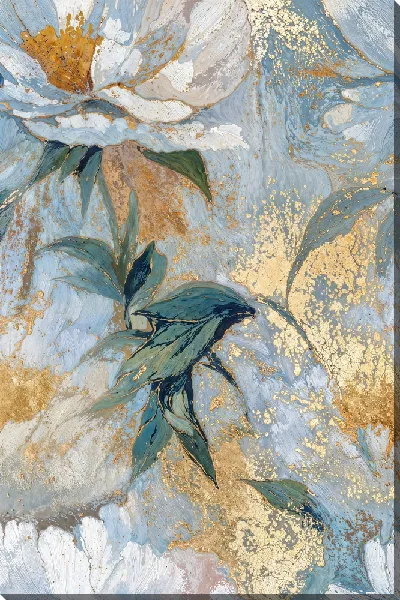 Картина маслом Цветы на голубом фоне с золотыми элементами