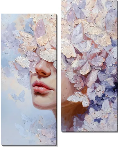 Модульная картина Женское лицо с бабочками вокруг в нежных тонах на светлом фоне