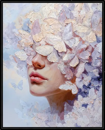 Картина Женское лицо с бабочками вокруг в нежных тонах на светлом фоне