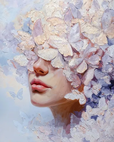 Плакат Женское лицо с бабочками вокруг в нежных тонах на светлом фоне