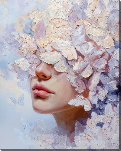 Постер Женское лицо с бабочками вокруг в нежных тонах на светлом фоне