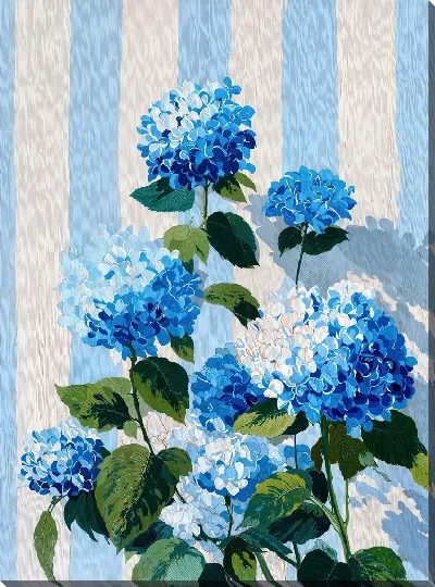 Картина маслом Гортензия на фоне синих полос в интерьере