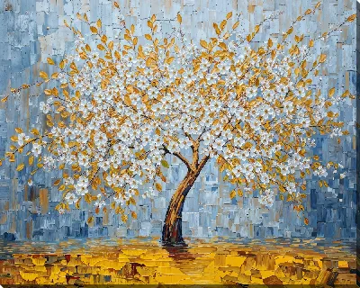 Картина маслом Цветущее дерево на фоне голубого неба и золотой земли