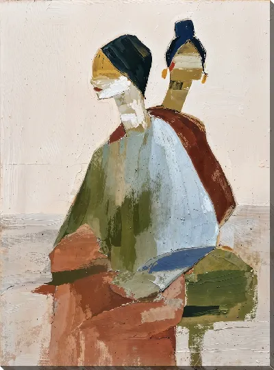 Картина маслом Две фигуры в простом стиле на фоне светлого цвета в помещении