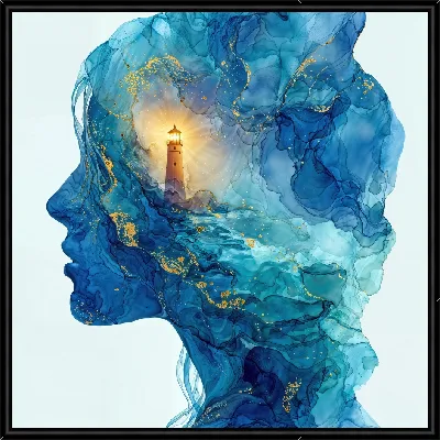 Свет маяка в объемном изображении женского профиля на синем фоне