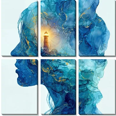 Свет маяка в объемном изображении женского профиля на синем фоне