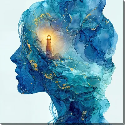 Свет маяка в объемном изображении женского профиля на синем фоне