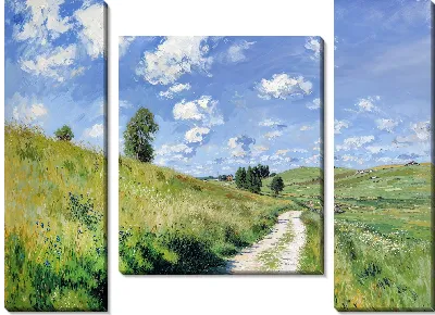 Модульная картина Пейзаж с дорогой и зелеными холмами под ясным небом