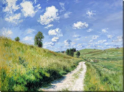 Картина маслом Пейзаж с дорогой и зелеными холмами под ясным небом