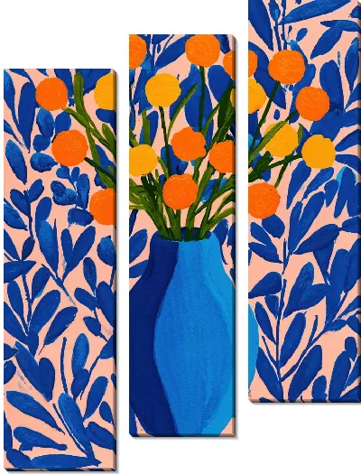 Модульная картина Цветы в синей вазе на фоне синих листьев