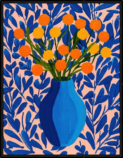 Картина Цветы в синей вазе на фоне синих листьев