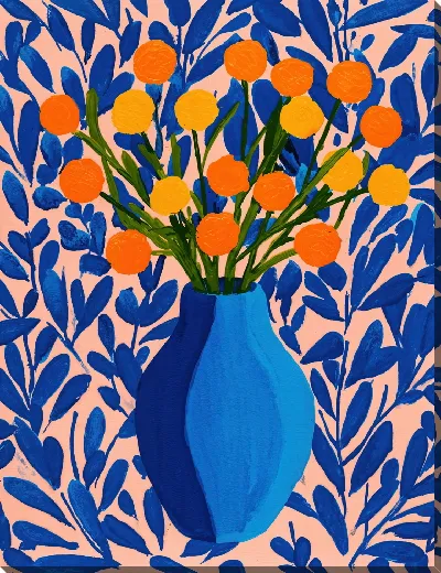 Картина маслом Цветы в синей вазе на фоне синих листьев