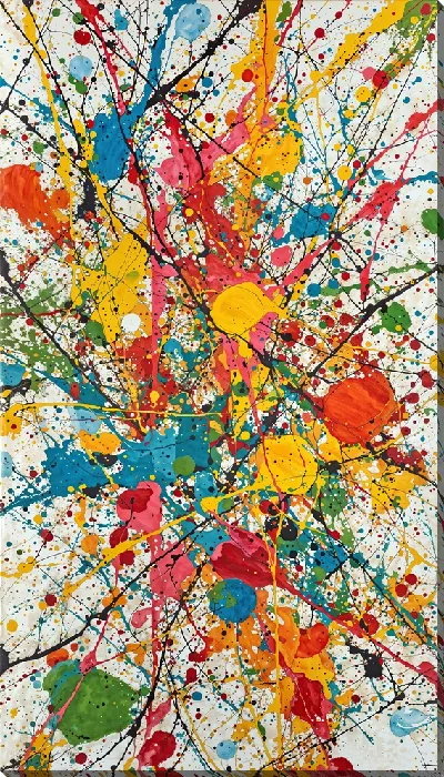 Картина маслом Абстракция с яркими цветами и брызгами на белом фоне